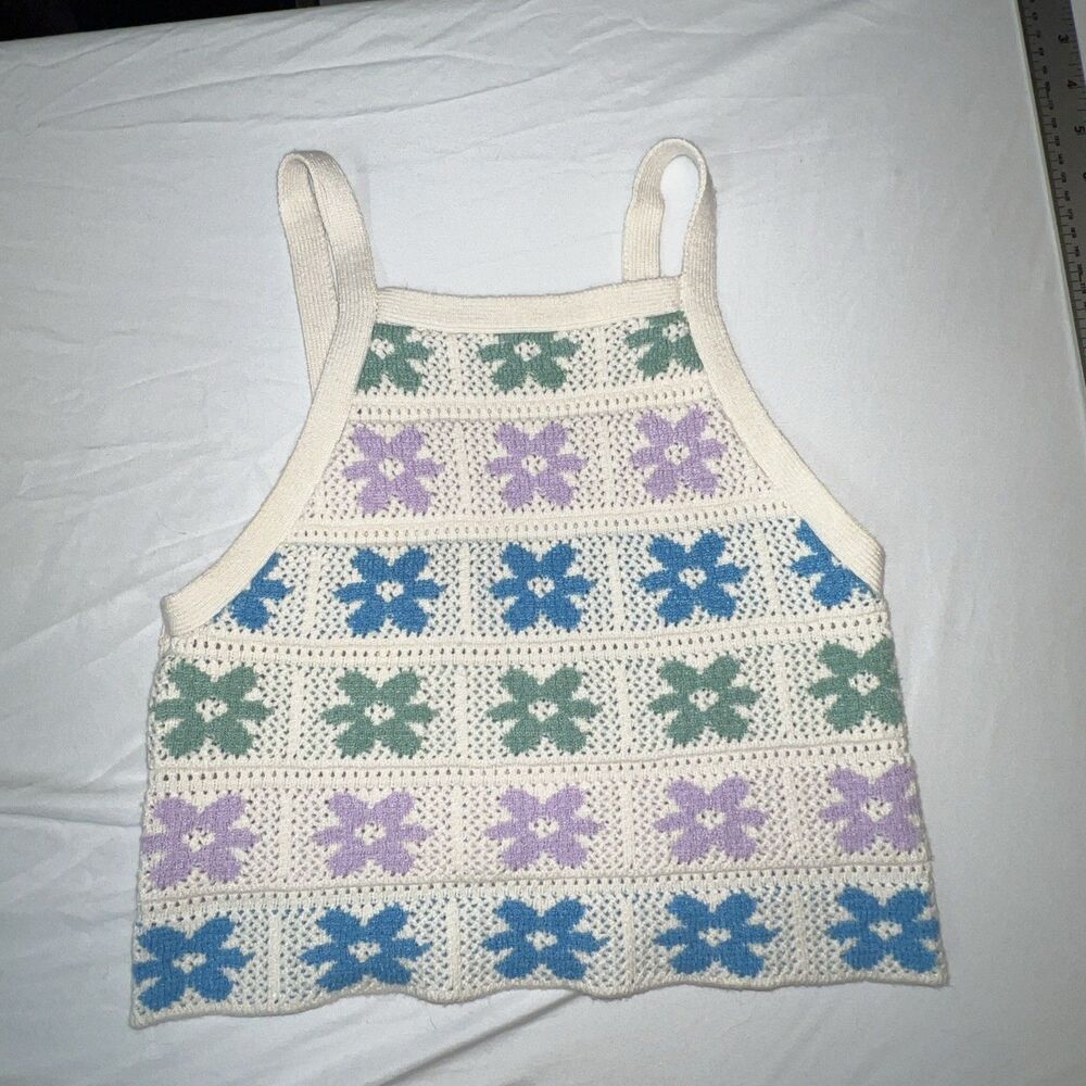 American Eagle Floral High Neck‎ Sweater Tank Top Crocheted Size Small